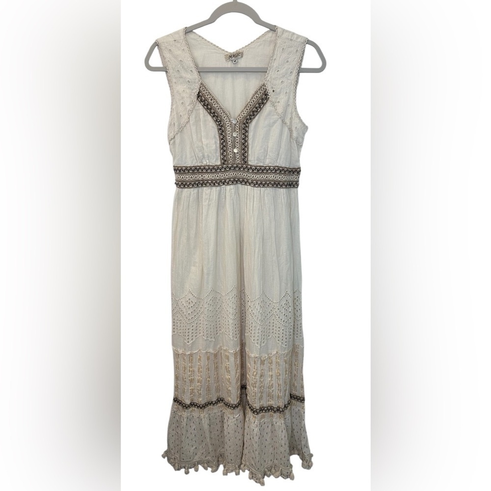 MAGIC White Embroidered Eyelet Lace Maxi Dress Size M boho festival cottagecore